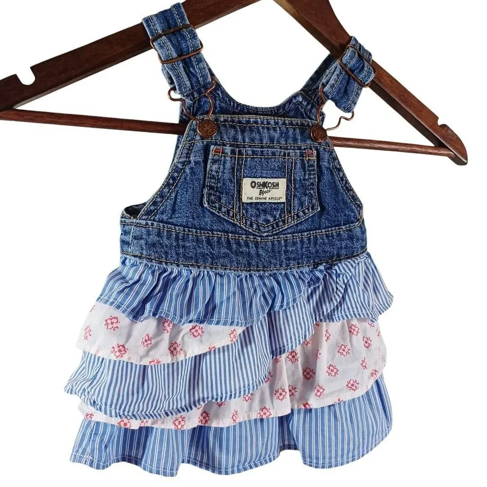 OshKosh B’gosh 6M Denim Ruffle Overall Dress Baby Girl Blue Stripe Tiered Skirt